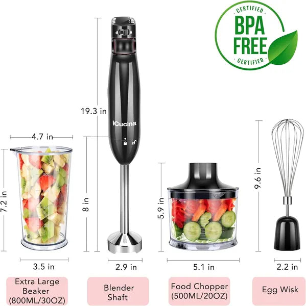 Immersion Blender Handheld Corded Hand Blenders Set 1100W, Trigger Variable Speed 5 in 1 Stick Emulsifier with Chopper, Whisk and Frother for Soup, Baby Food and Smoothies