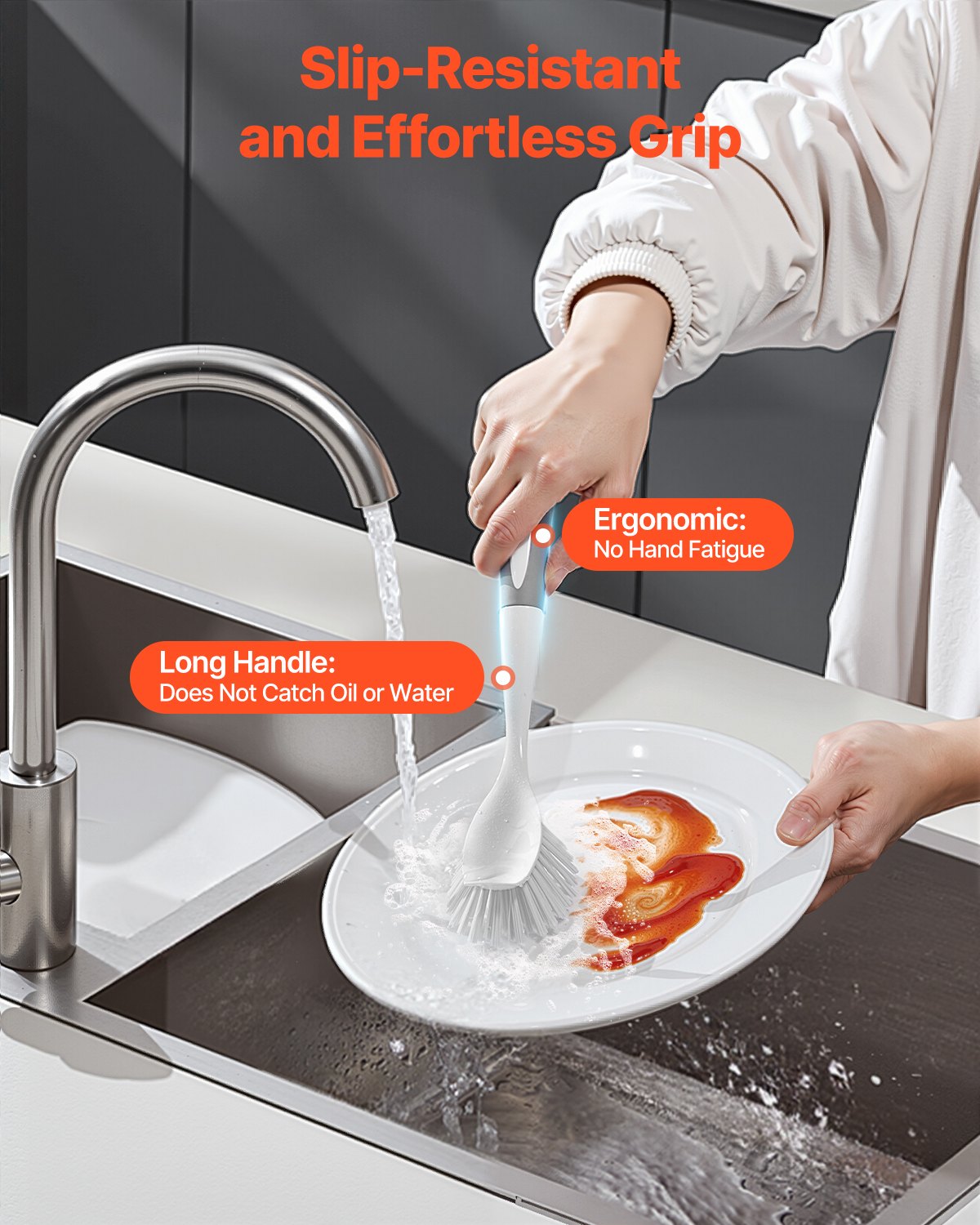 Dish Brush, 4 Pack Kitchen Scrub Brushes With PP Handle, Dish Cleaning Brushes With Curved Bristles, Ideal For Pots, Pans, Sink And Stove, 2 Gray  2 Orange